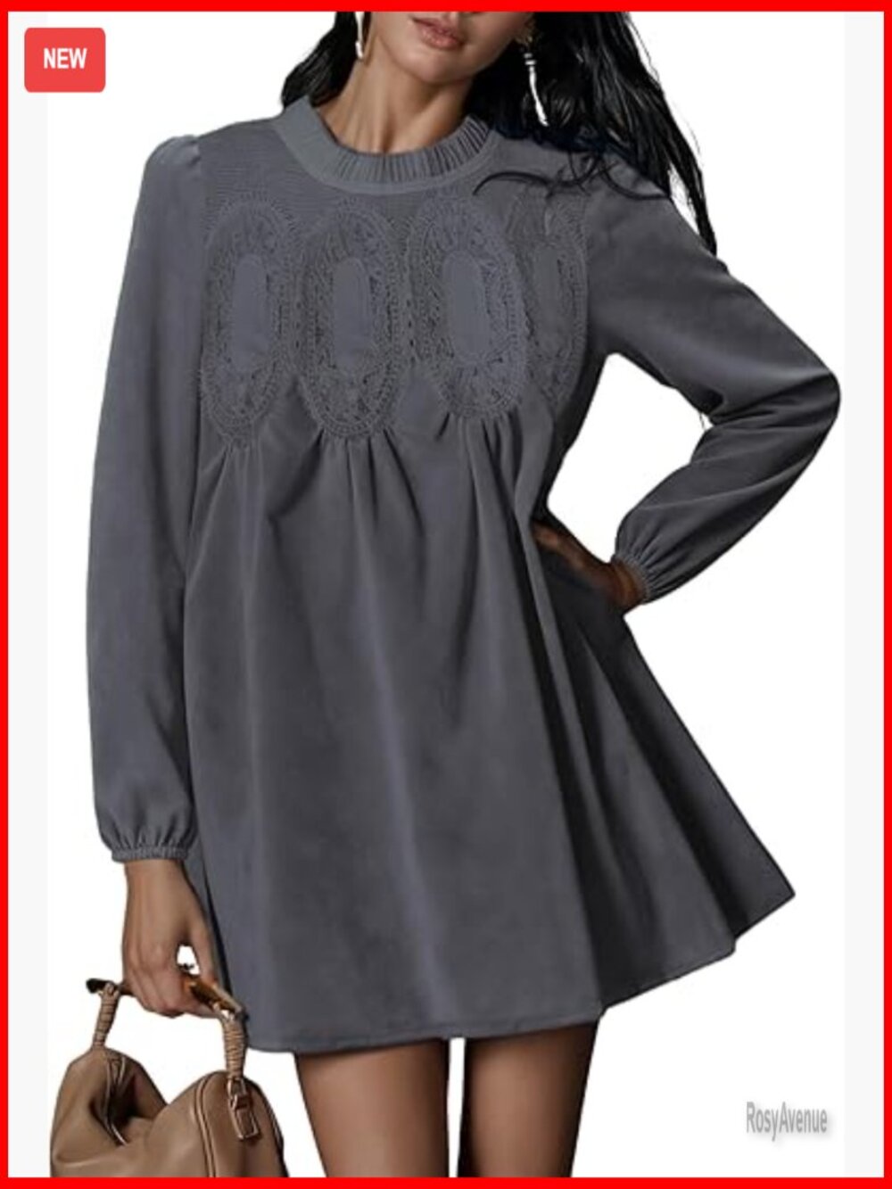 Long Sleeve Faux Suede Mini Dress with Lace Patchwork and Pockets